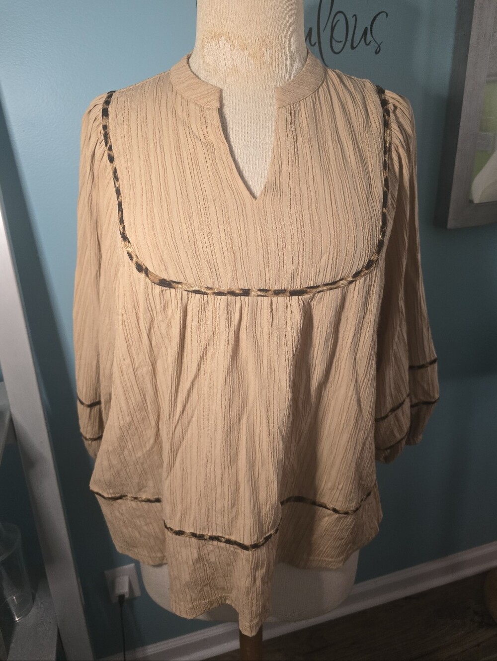 Cream Peasant Blouse with Contrast Trim - Women's Top